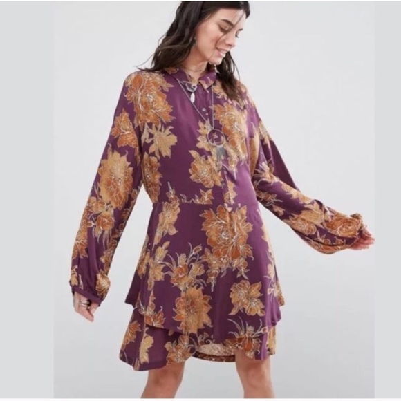 Free People Shake It Up Boho Floral Dress Berry Purple Flower Button Down Small - Picture 1 of 8